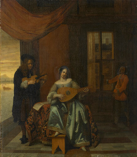Hooch, Pieter de - An interior scene with a woman playing a lute and a man playing a violin