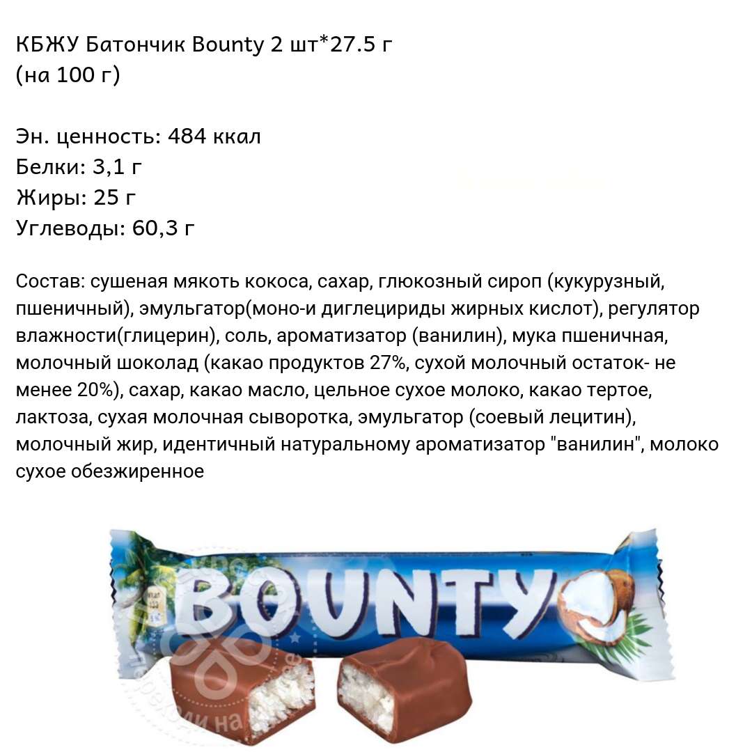 Батончик Bounty. Состав и калорийность